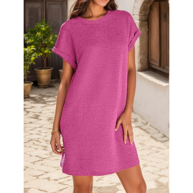 ??2025 New-??Women's Loose Roll Sleeve Pocket Solid Colour Dresses