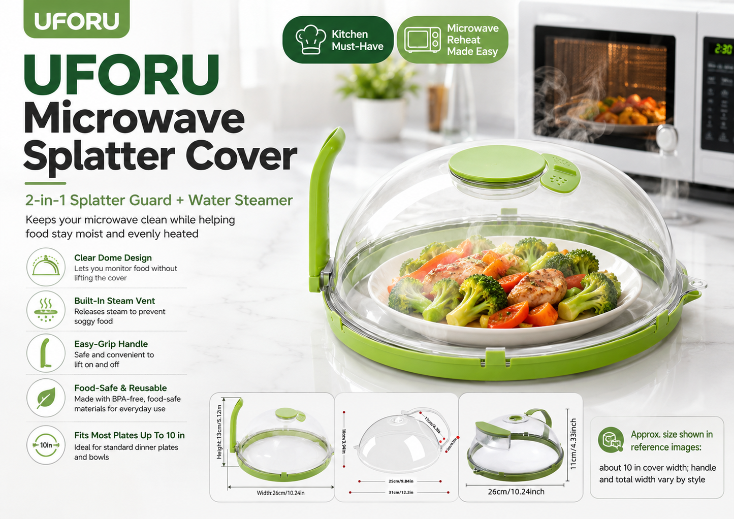 2-in-1 Microwave Splatter Cover & Water Steamer – Clear Food Cover Lid with Easy-Grip Handle