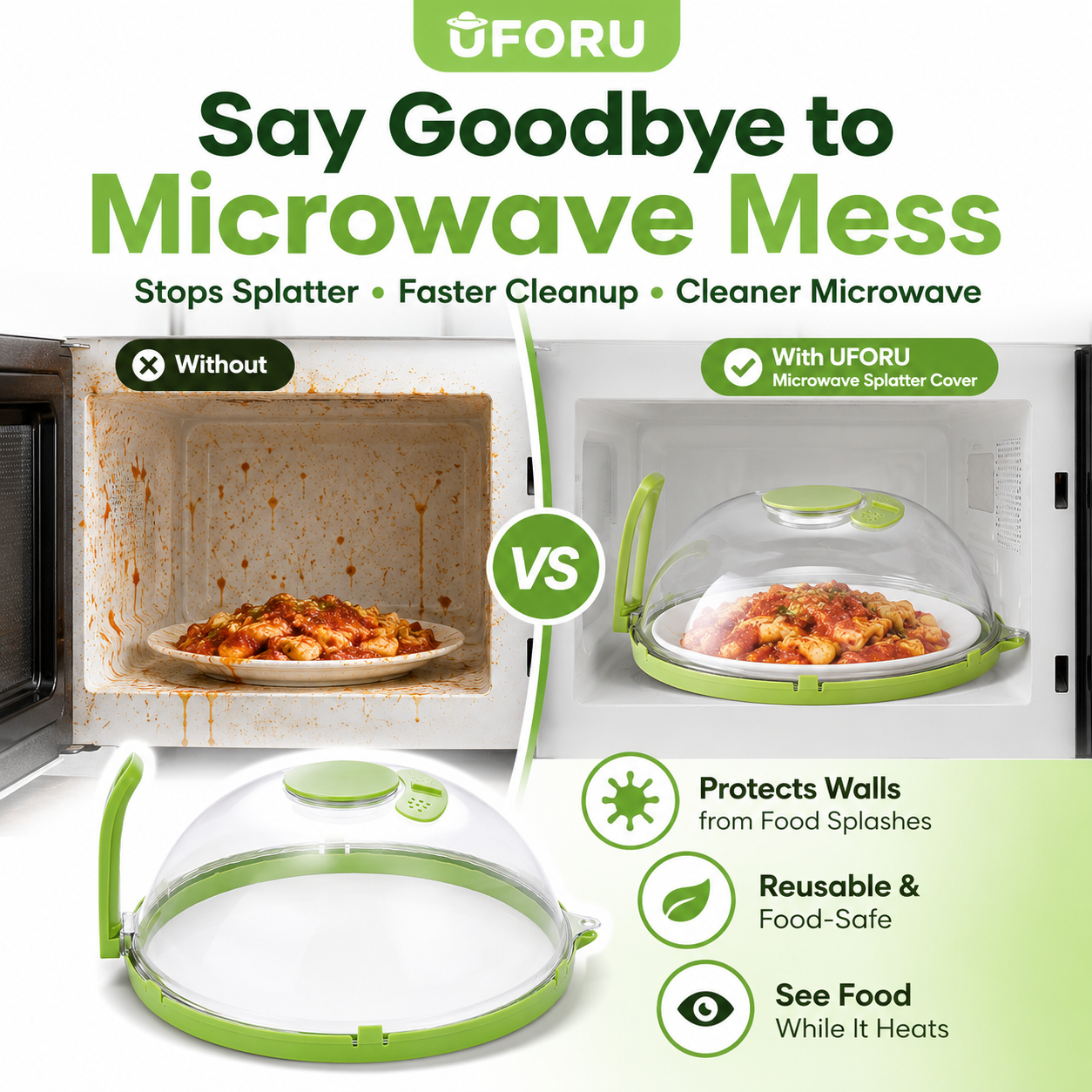 2-in-1 Microwave Splatter Cover & Water Steamer – Clear Food Cover Lid with Easy-Grip Handle