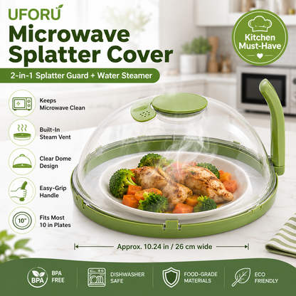 2-in-1 Microwave Splatter Cover & Water Steamer – Clear Food Cover Lid with Easy-Grip Handle