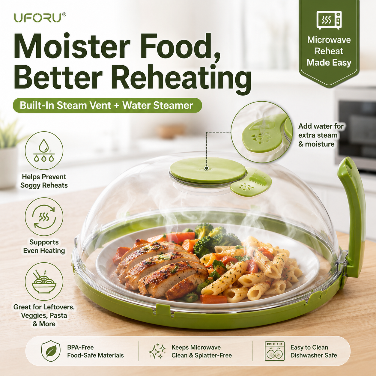 2-in-1 Microwave Splatter Cover & Water Steamer – Clear Food Cover Lid with Easy-Grip Handle