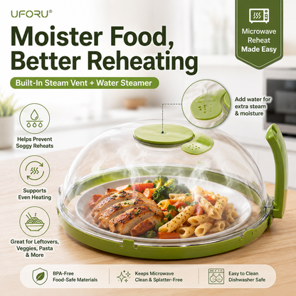 2-in-1 Microwave Splatter Cover & Water Steamer – Clear Food Cover Lid with Easy-Grip Handle