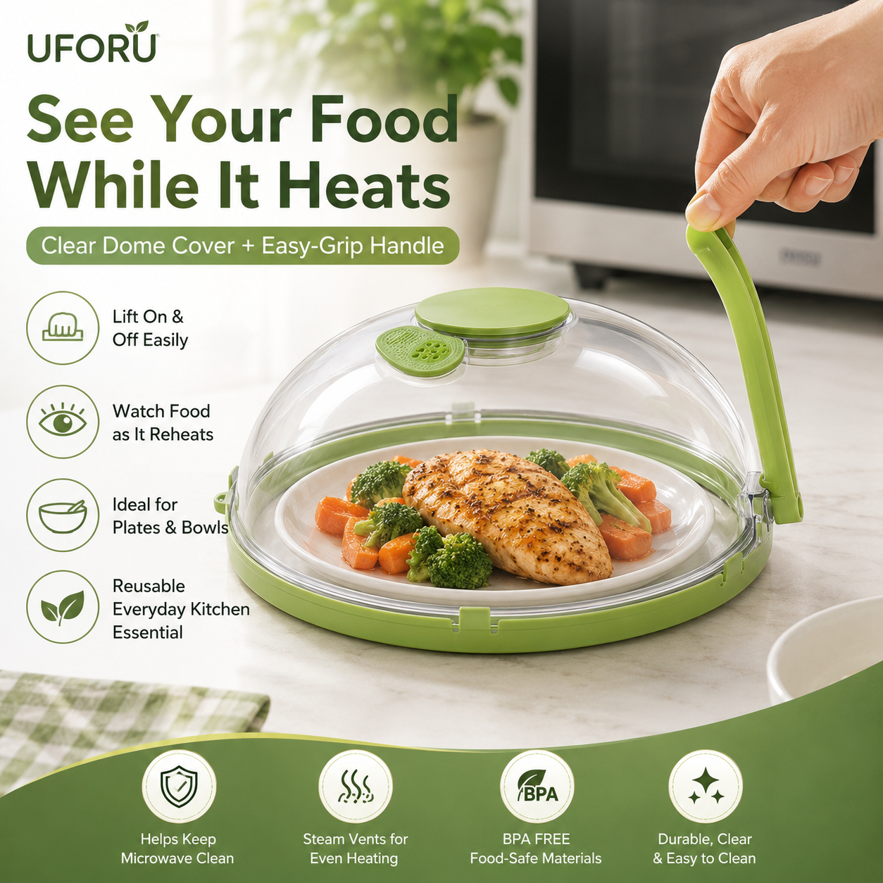 2-in-1 Microwave Splatter Cover & Water Steamer – Clear Food Cover Lid with Easy-Grip Handle