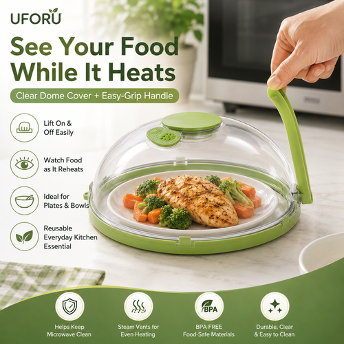 2-in-1 Microwave Splatter Cover & Water Steamer – Clear Food Cover Lid with Easy-Grip Handle