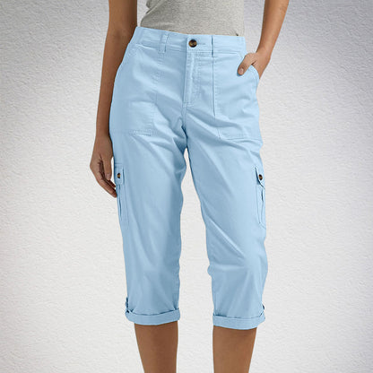 Multi-Pocket Solid Color Casual Cargo Capri Pants